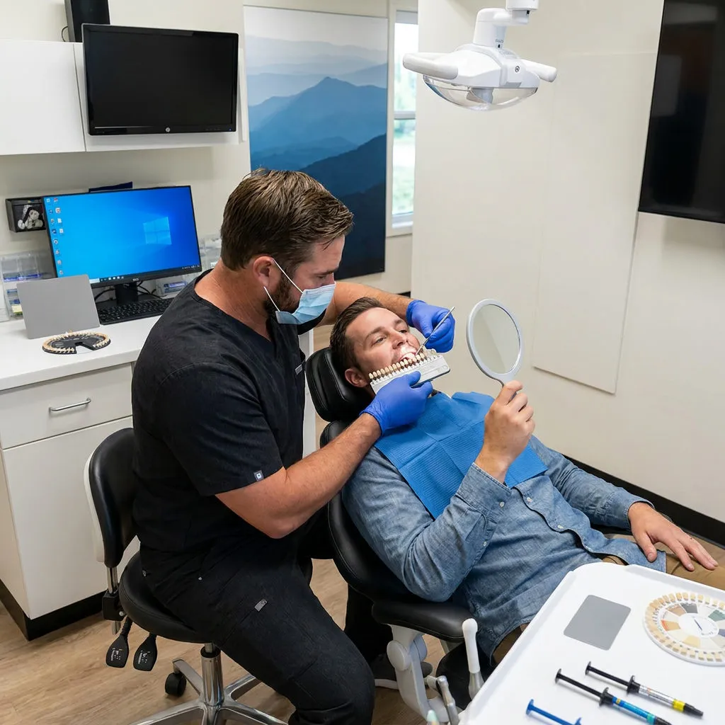 A Muldoon Dental Arts dentist in Anchorage uses a shade guide to match a composite filling to a patient's natural tooth color