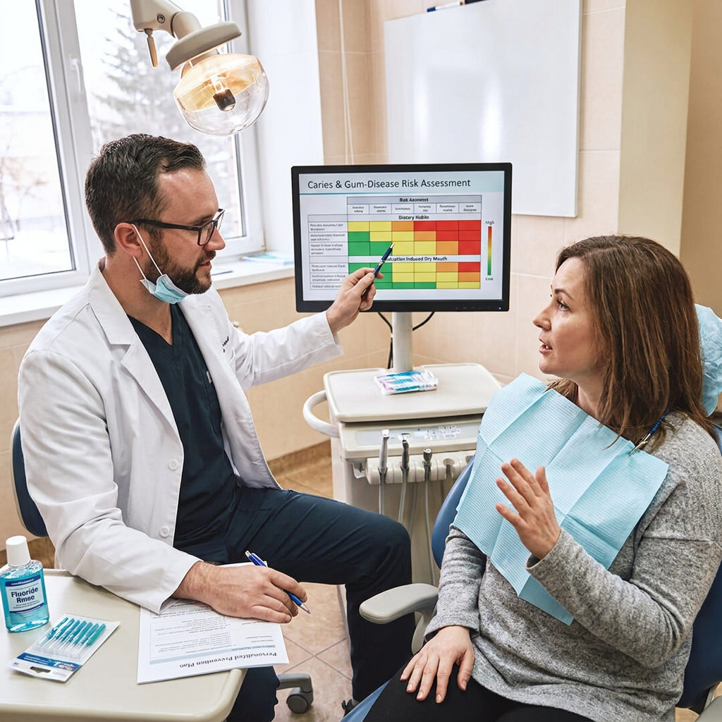 An Anchorage dentist at Muldoon Dental Arts reviews a digital risk assessment chart with a patient during a consultation.