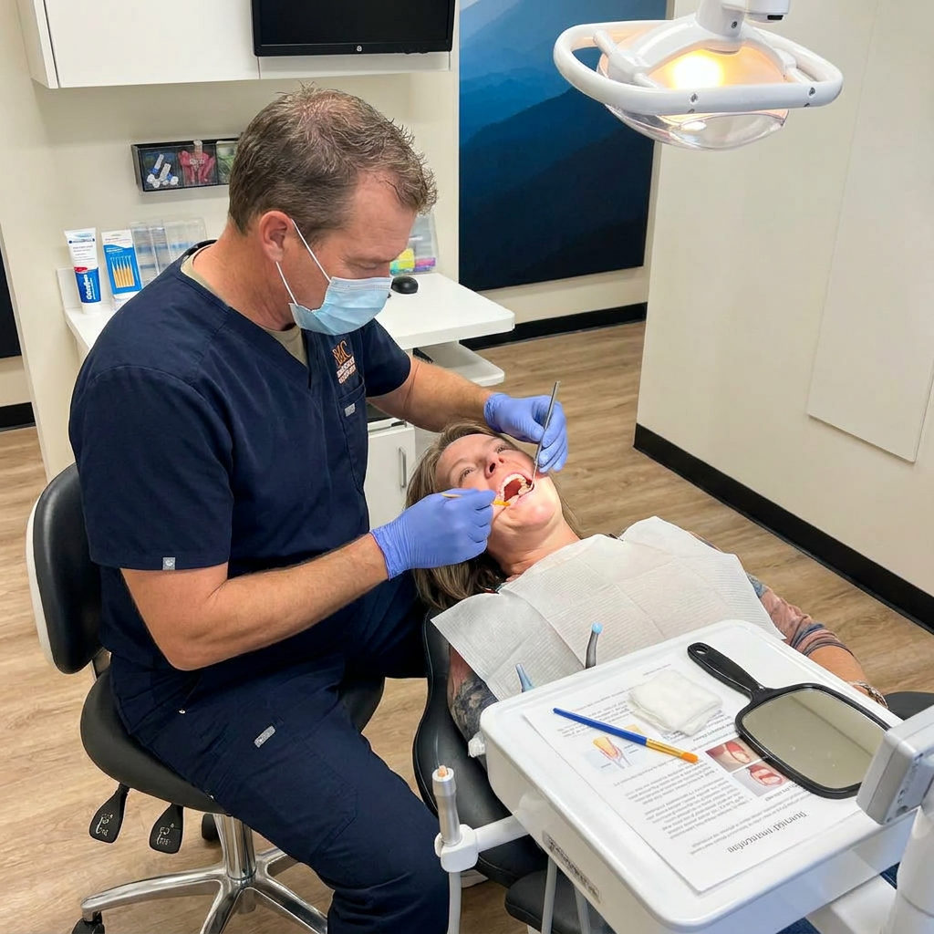A dentist at Muldoon Dental Arts in Anchorage, AK applies fluoride varnish to a patient's lower teeth during a routine visit.