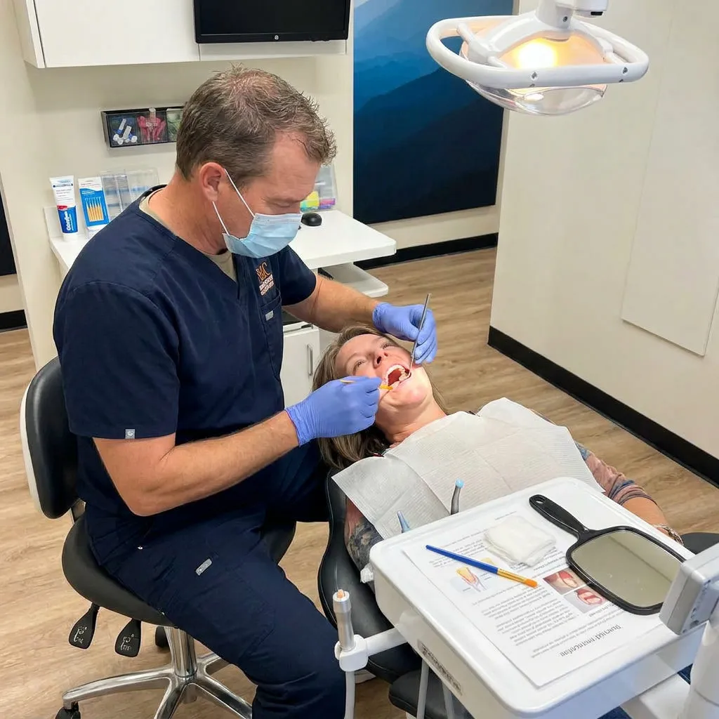 A dentist at Muldoon Dental Arts in Anchorage, AK applies fluoride varnish to a patient's lower teeth during a routine visit.