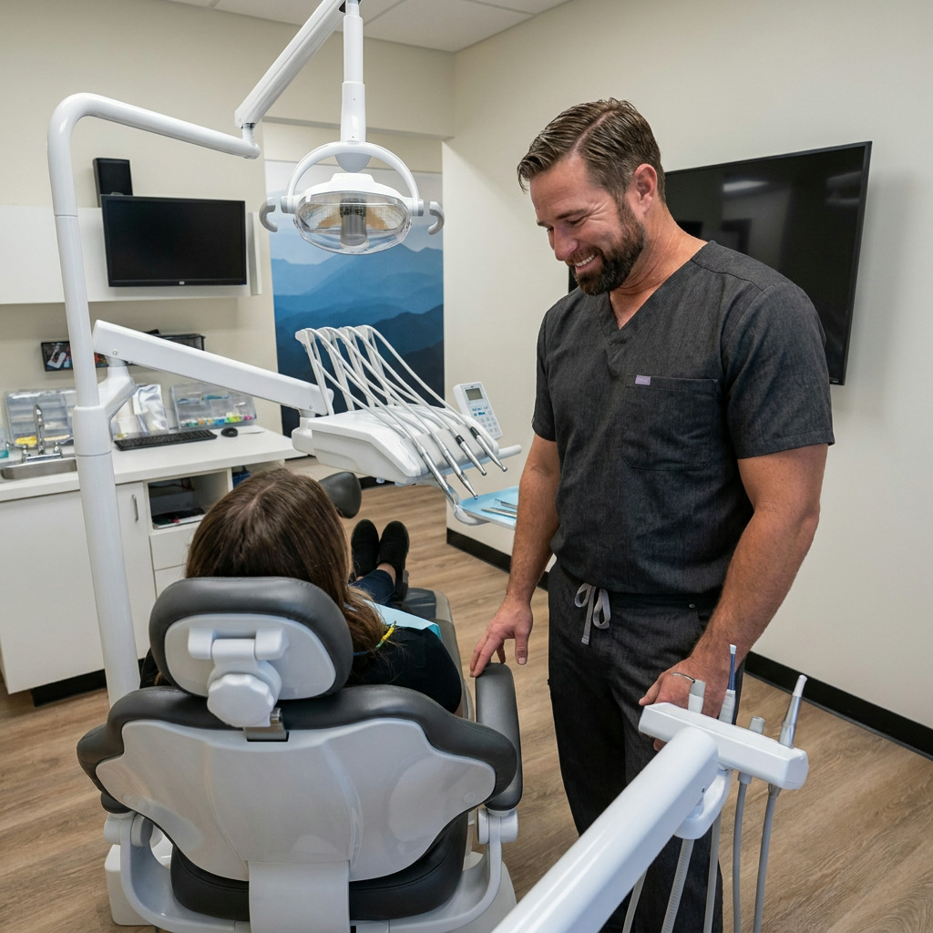 Dr. Curtis discusses dental implant options with a patient in a modern treatment room.