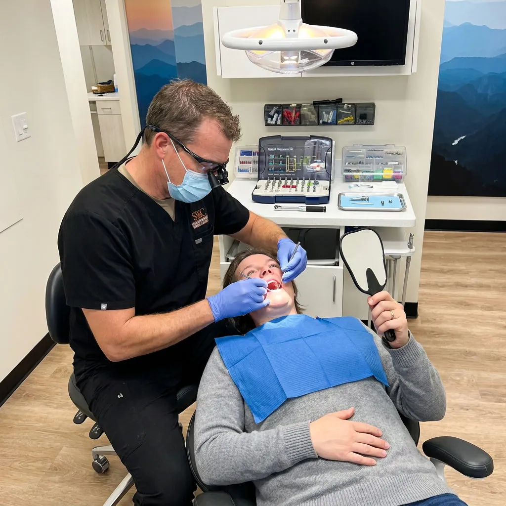 A Muldoon Dental Arts dentist in Anchorage places an implant abutment while the patient observes in a handheld mirror.