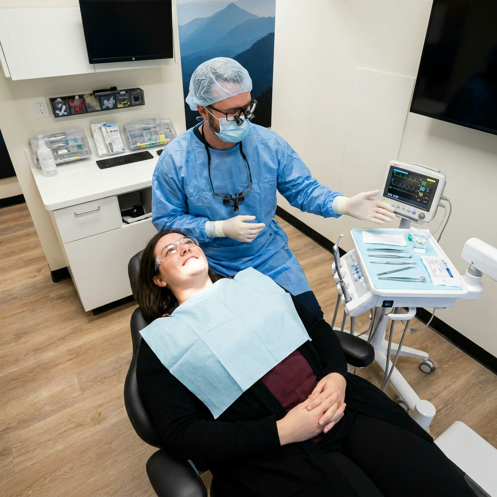 Dr. Anderson, in surgical attire, explains sterile oral surgery preparation to a reassured patient.