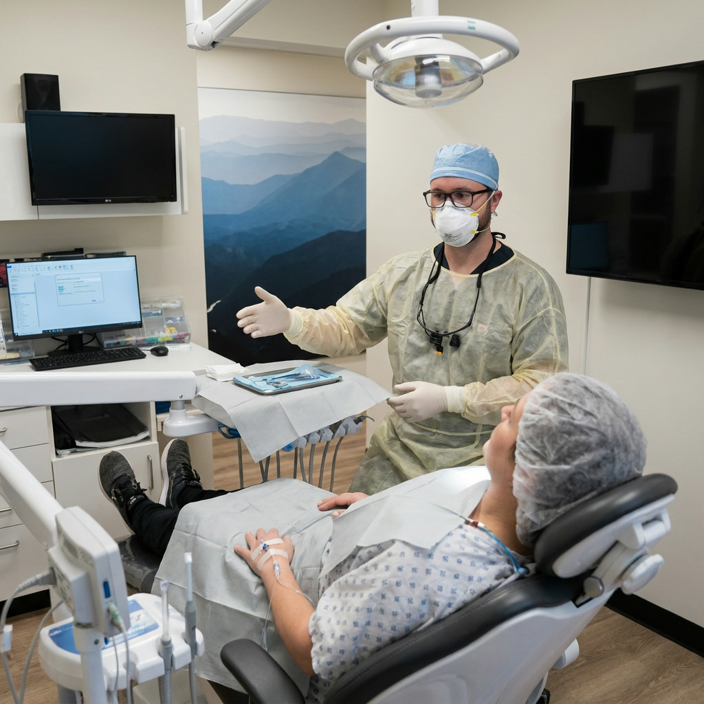 Dr. Anderson, in surgical attire, explains oral surgery safety protocols to a patient in a sterile suite.
