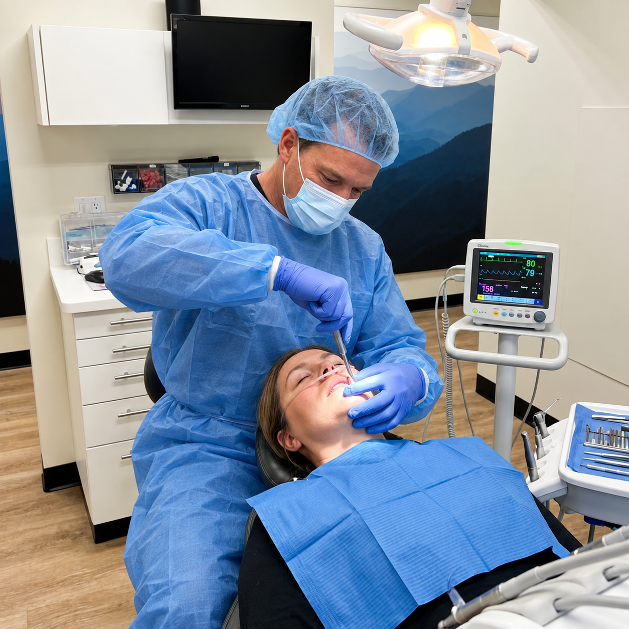 Dentist wearing proper surgical attire and a head net while performing a dental procedure on a patient in a modern treatment room.