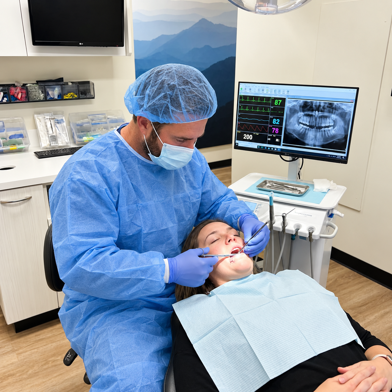 Dentist wearing proper surgical attire and a head net while performing a dental procedure on a patient in a modern treatment room.