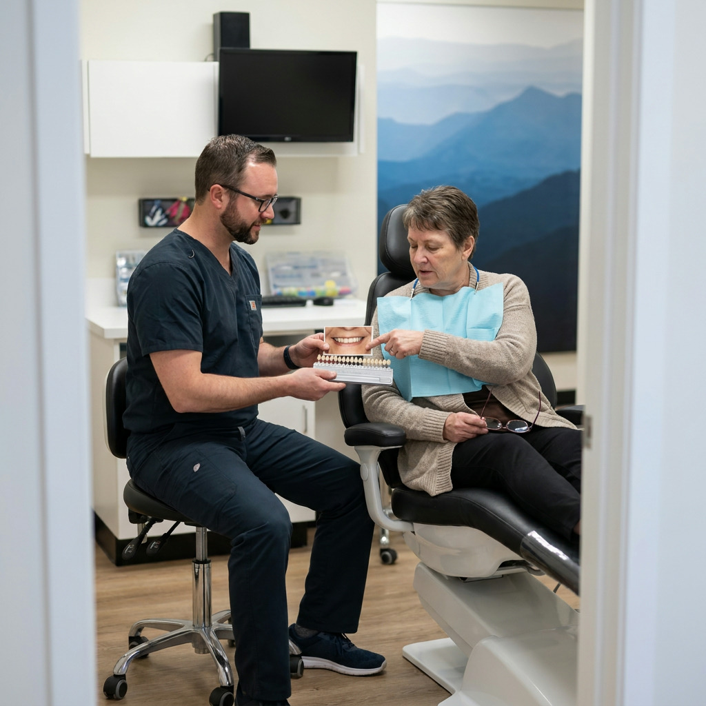 Dr. Anderson and patient compare denture tooth shade guide with old photos.