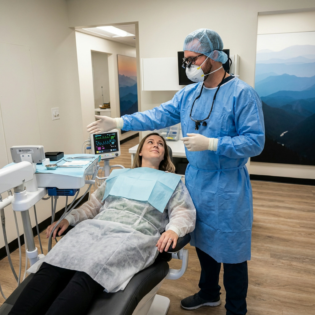 Dr. Anderson, in surgical attire, explains sterile oral surgery preparation to a reassured patient.
