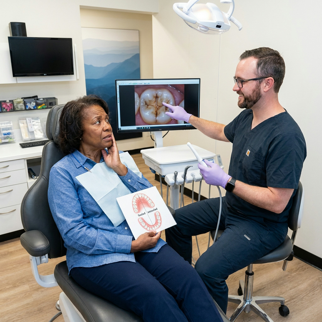 Dr. Anderson shows an adult patient her molar grooves on an intraoral camera, explaining dental sealants for cavity prevention.