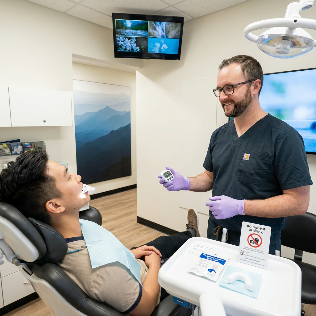 Dentist times Asian male patient's fluoride foam treatment while he watches a ceiling screen comfortably.