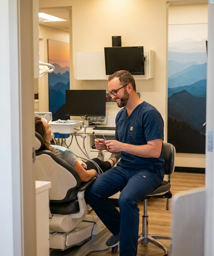 Dr. Anderson consults with a patient about mouthguards and night guards in a modern treatment room.