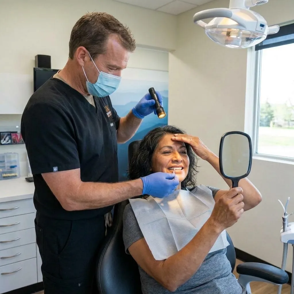 A middle-aged Latina woman sitting in a dental chair holds a small hand mirror to examine her smile, while a male dentist wearing black scrubs, a blue surgical mask, and blue gloves shines a flashlight near her face during a dental checkup in a modern, brightly lit clinic.