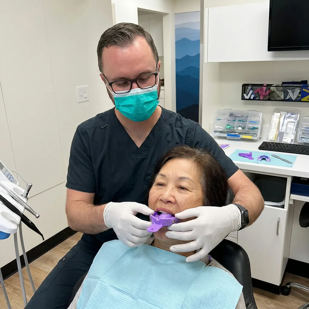 Dr. Anderson steadies a dental impression tray in an old Asian woman's mouth for a dental crown.