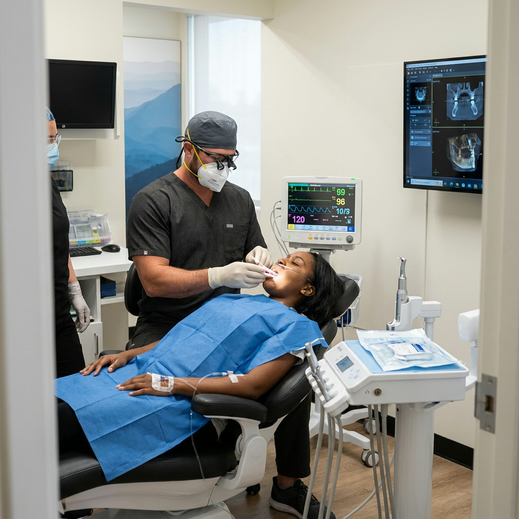 Dr. Curtis precisely positions an All-on-X surgical guide for implant placement on a sedated patient.