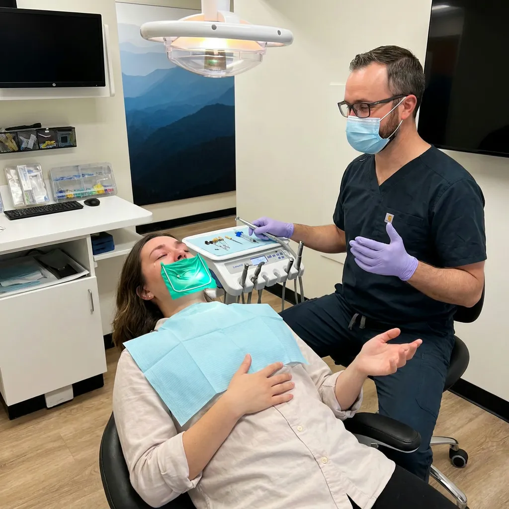 Dr. Anderson pauses root canal therapy as patient feels pain relief, eyes closed, hand on chest.