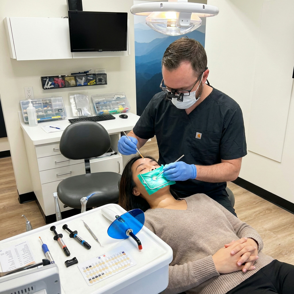 Dr. Anderson meticulously layers composite material into a patient's tooth filling.