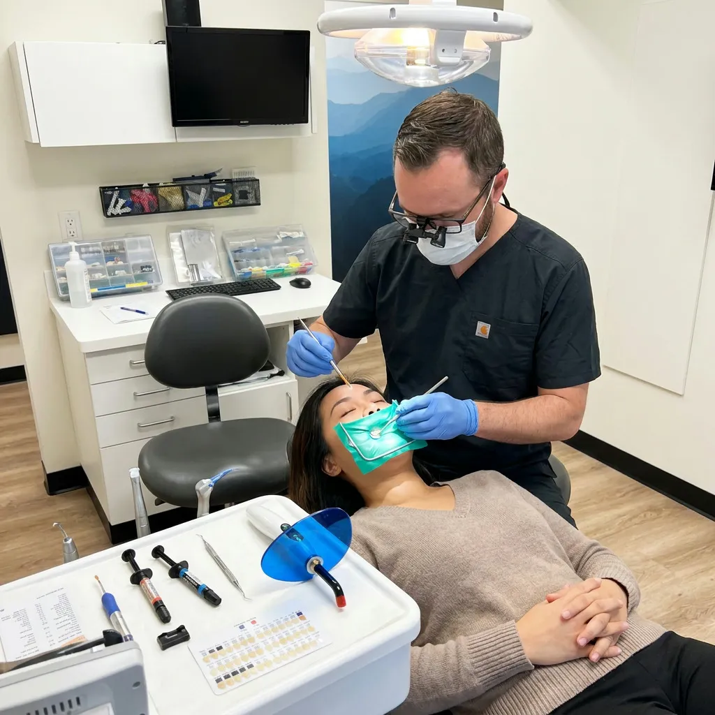 Dr. Anderson meticulously layers composite material into a patient's tooth filling.