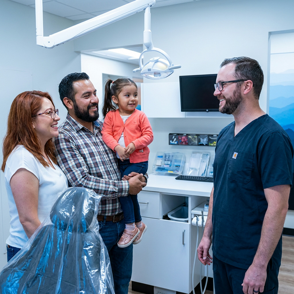 Dr. Anderson, a pediatric dentist, converses warmly with a happy Mexican family after their daughter's appointment.