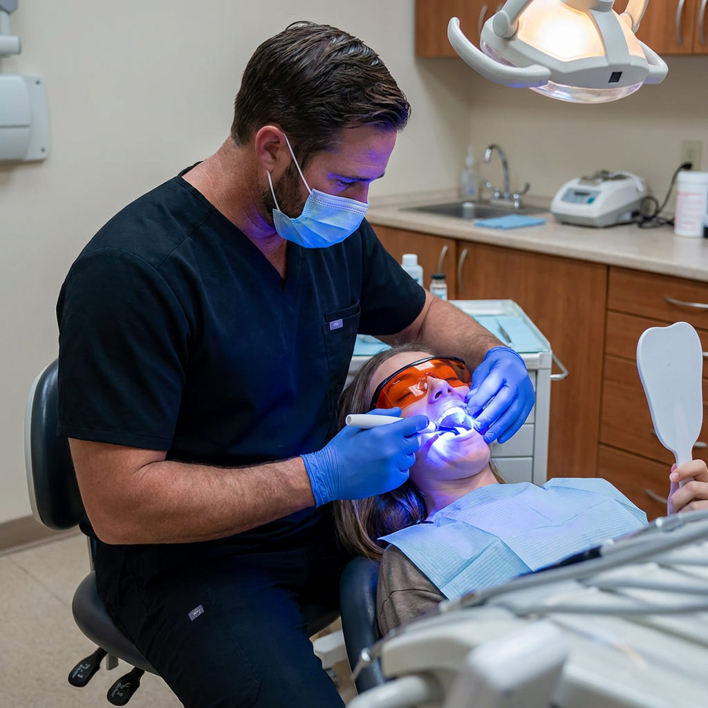 An Anchorage dentist at Muldoon Dental Arts uses a blue curing light to bond a ceramic inlay for a reclined patient.
