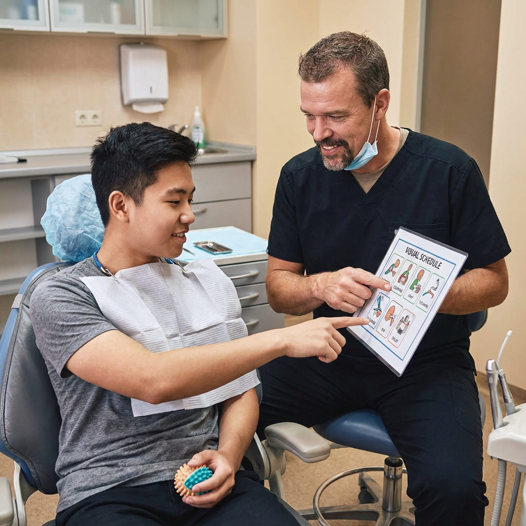 A dentist and young male patient point to a visual schedule during an appointment at Muldoon Dental Arts in Anchorage, AK.