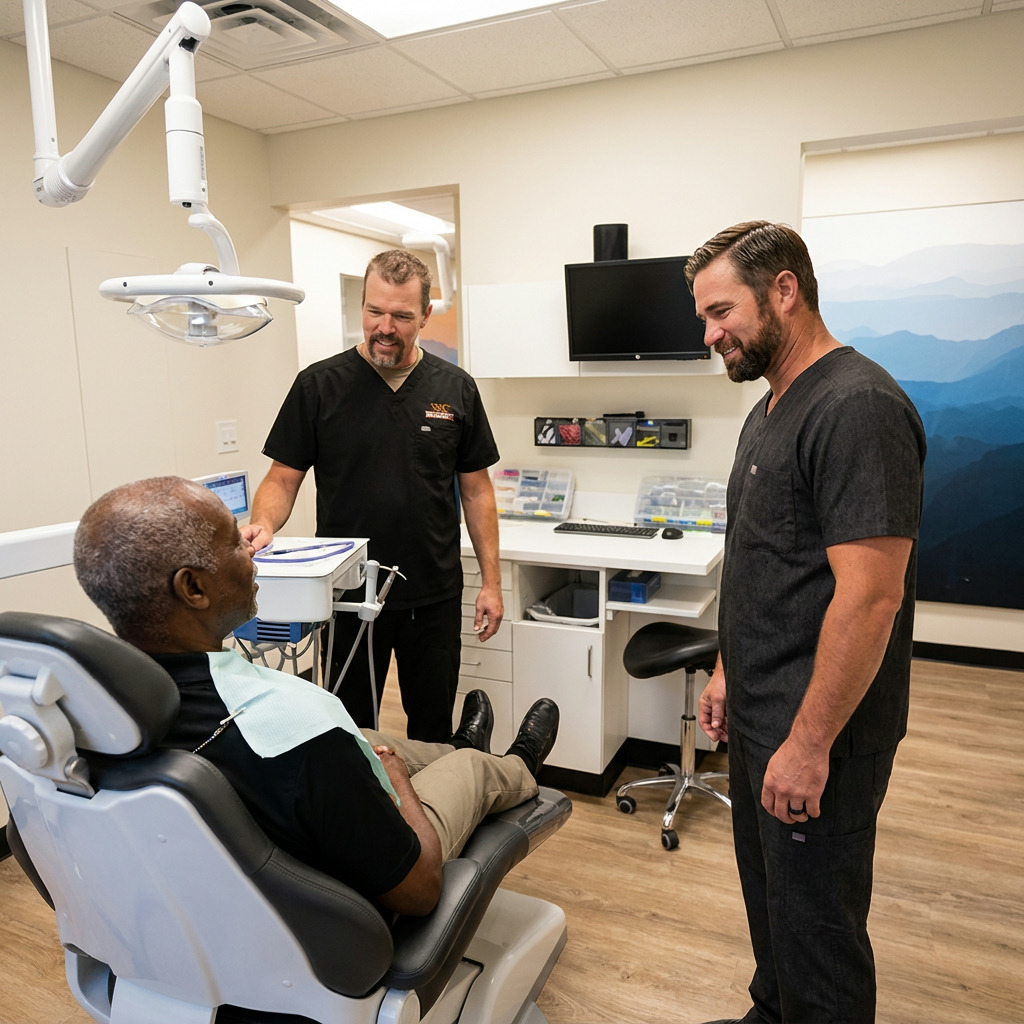 Dr. Brimhall and Dr. Curtis discussing periodontal treatment with an older male patient in a clean dental office.