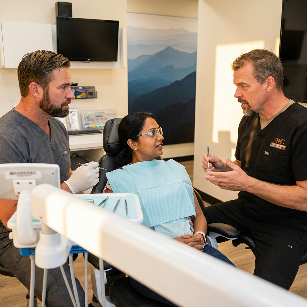 Dr. Brimhall and Dr. Curtis discuss Smile Makeovers with a female patient in a clean dental treatment room.