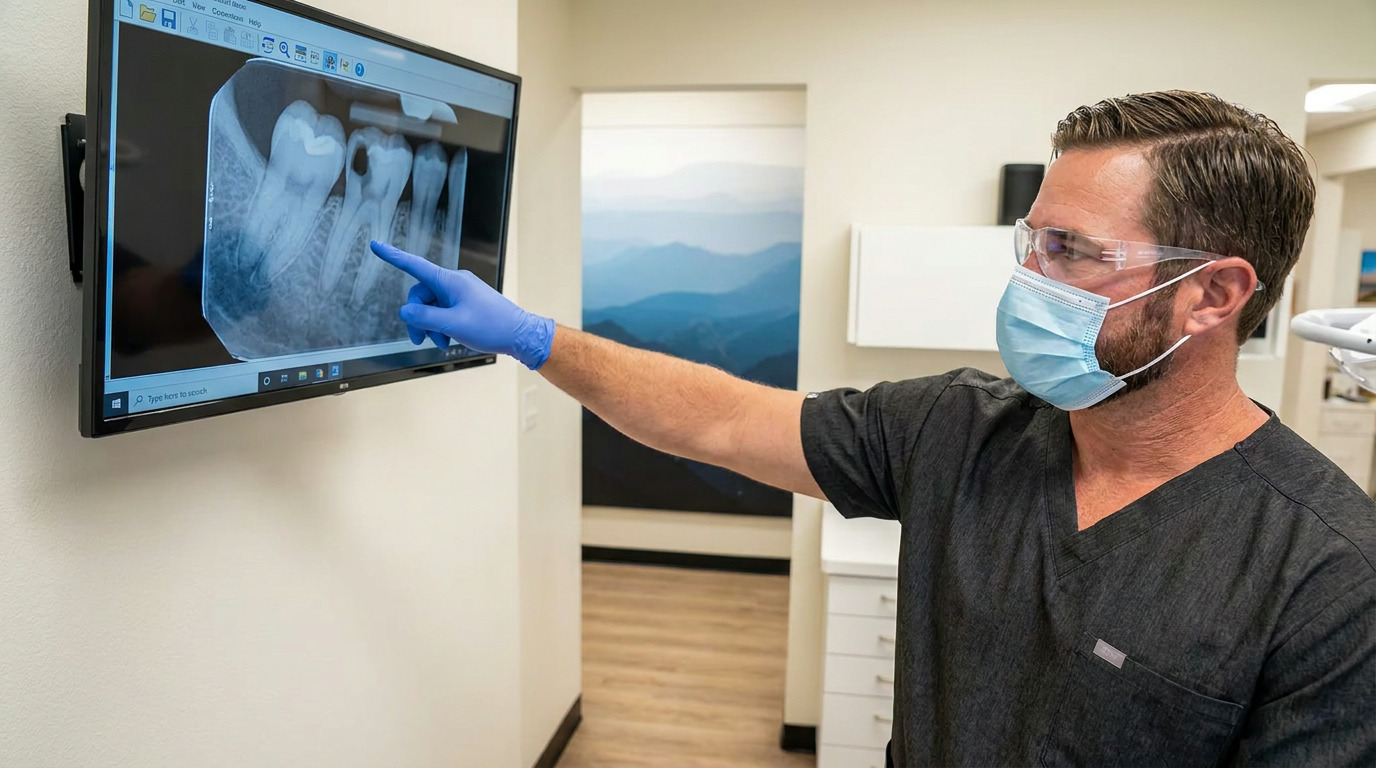 Dr. Curtis, wearing a gray scrub top, light blue mask, and clear safety glasses, points with a gloved hand at a dental X-ray displayed on a monitor in a modern dental office.