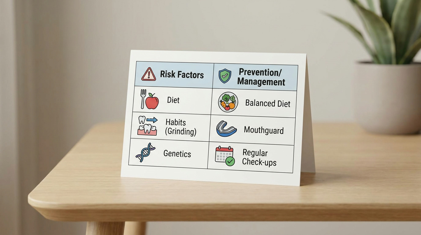 A white table-style card with two columns, "Risk Factors" and "Prevention/Management," displays icons and text for diet, habits, genetics, balanced diet, mouthguards, and regular check-ups, sitting on a light wooden table with a blurred