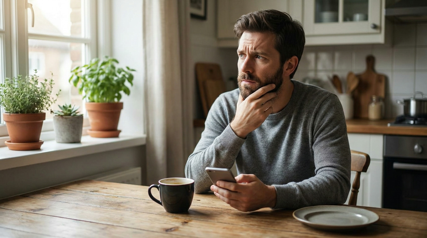 Dylan sits at a wooden kitchen table, holding a phone in one hand and touching his chin with the other, looking thoughtfully towards a window with potted plants. A coffee mug and an empty plate are on the table, and a kitchen counter with