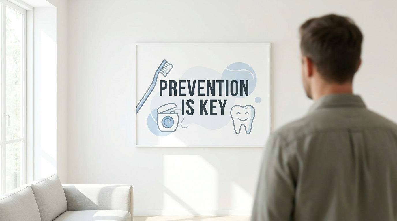 A man in a green shirt stands with his back to the camera, looking at a framed poster on a white wall that reads "PREVENTION IS KEY" with icons of a toothbrush, floss, and a smiling tooth.