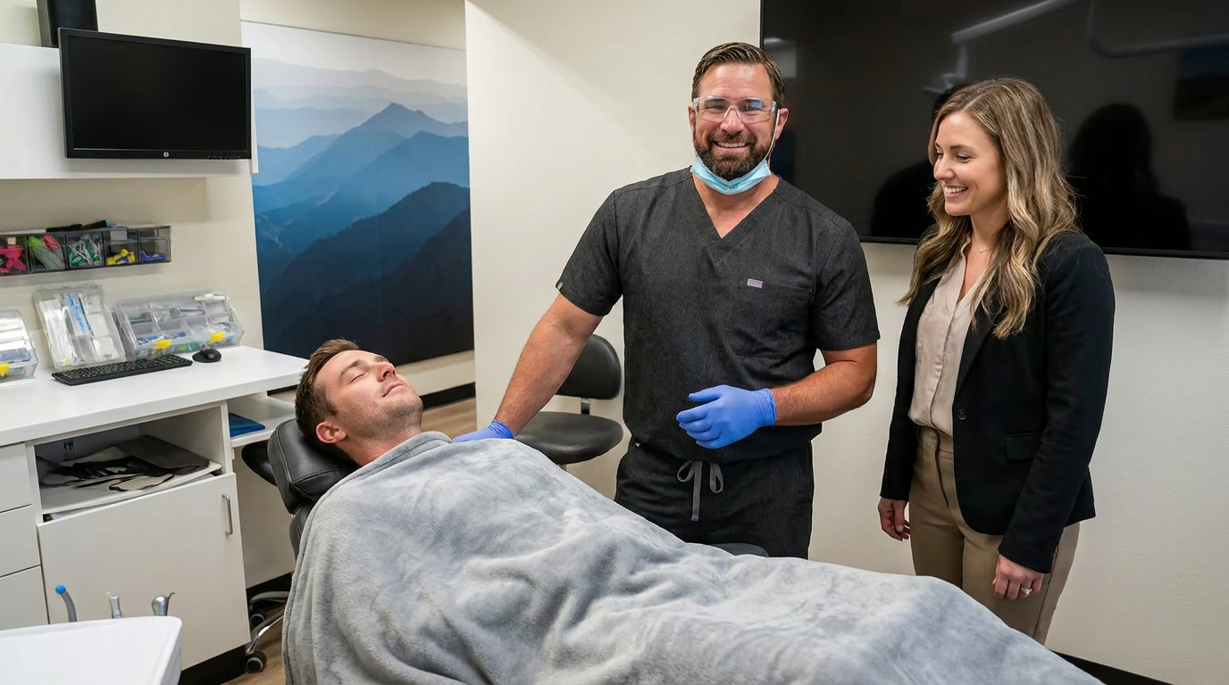 Dylan reclines in a dental chair with a blanket, eyes closed, while Dr. Chad Curtis in scrubs and safety glasses stands beside him, and Ashley, a woman in a blazer, stands smiling nearby in a modern dental office.