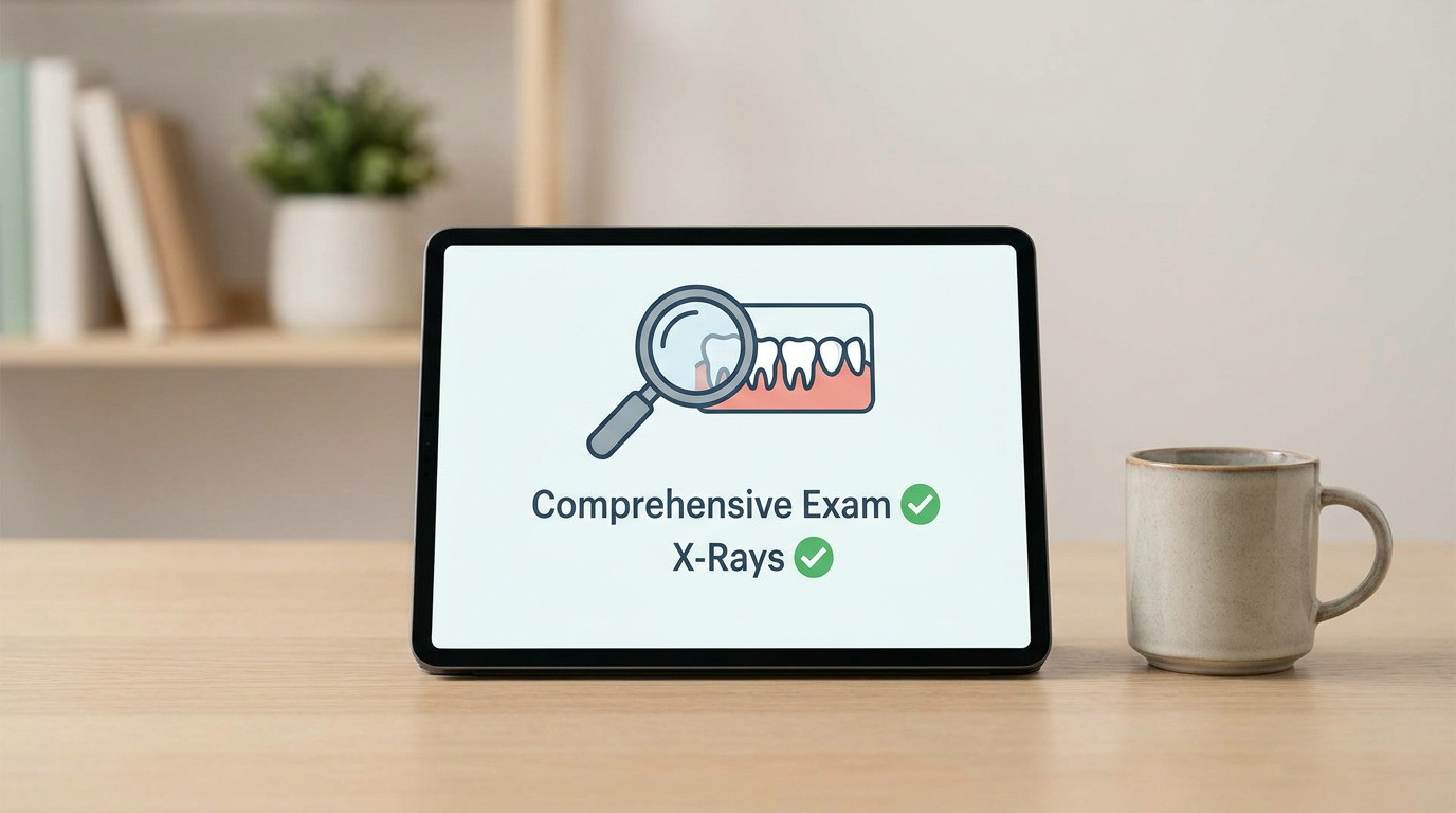 A tablet displays an icon of a magnifying glass over teeth, with text "Comprehensive Exam" and "X-Rays" each followed by a green checkmark, next to a beige mug on a wooden desk with a bookshelf in the background.