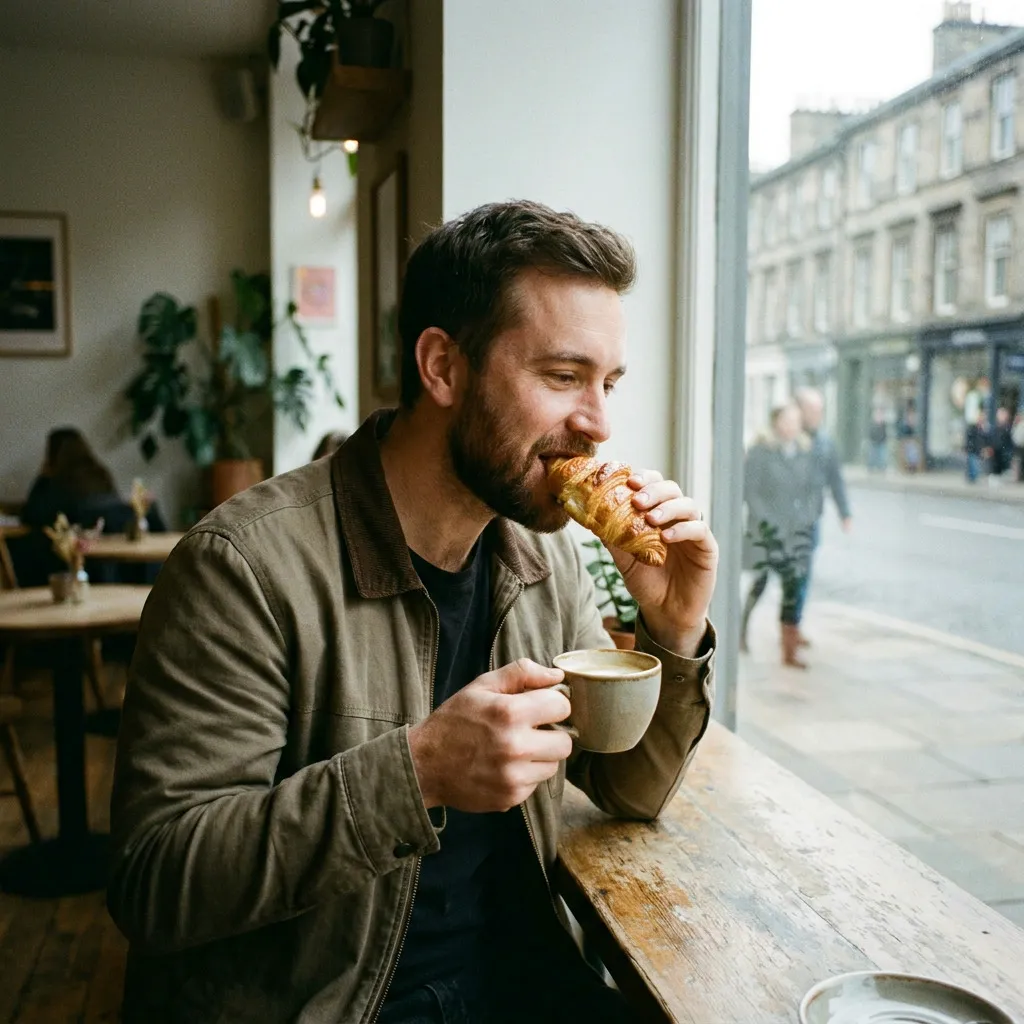 Dylan sits at a cafe window seat, holding a mug and biting into a croissant, with a street and buildings visible outside.