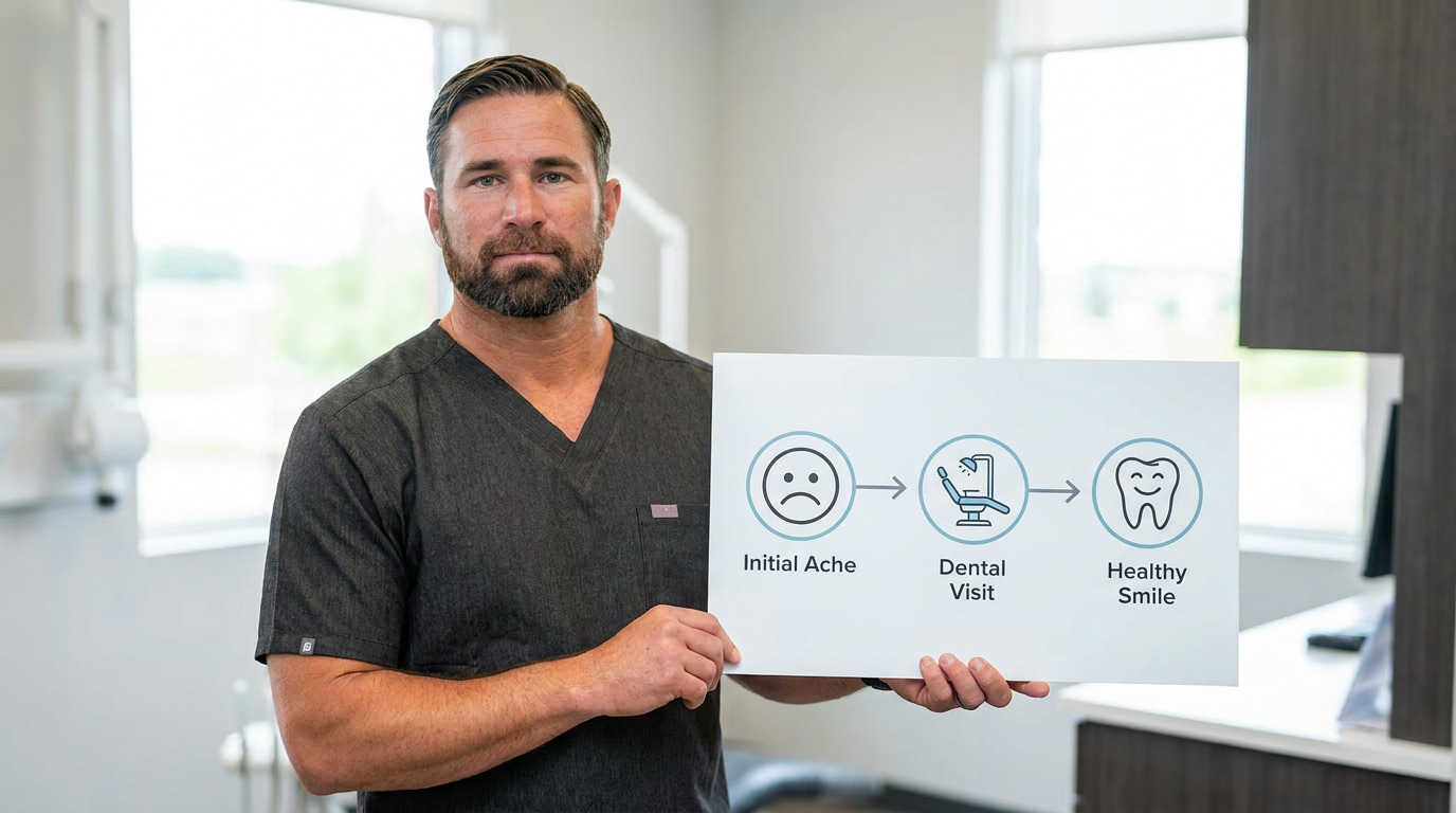 A man in dark grey scrubs holds a white sign depicting a three-step infographic: a frowning face labeled "Initial Ache," a dental chair labeled "Dental Visit," and a smiling tooth labeled "Healthy Smile," in a dental office setting.
