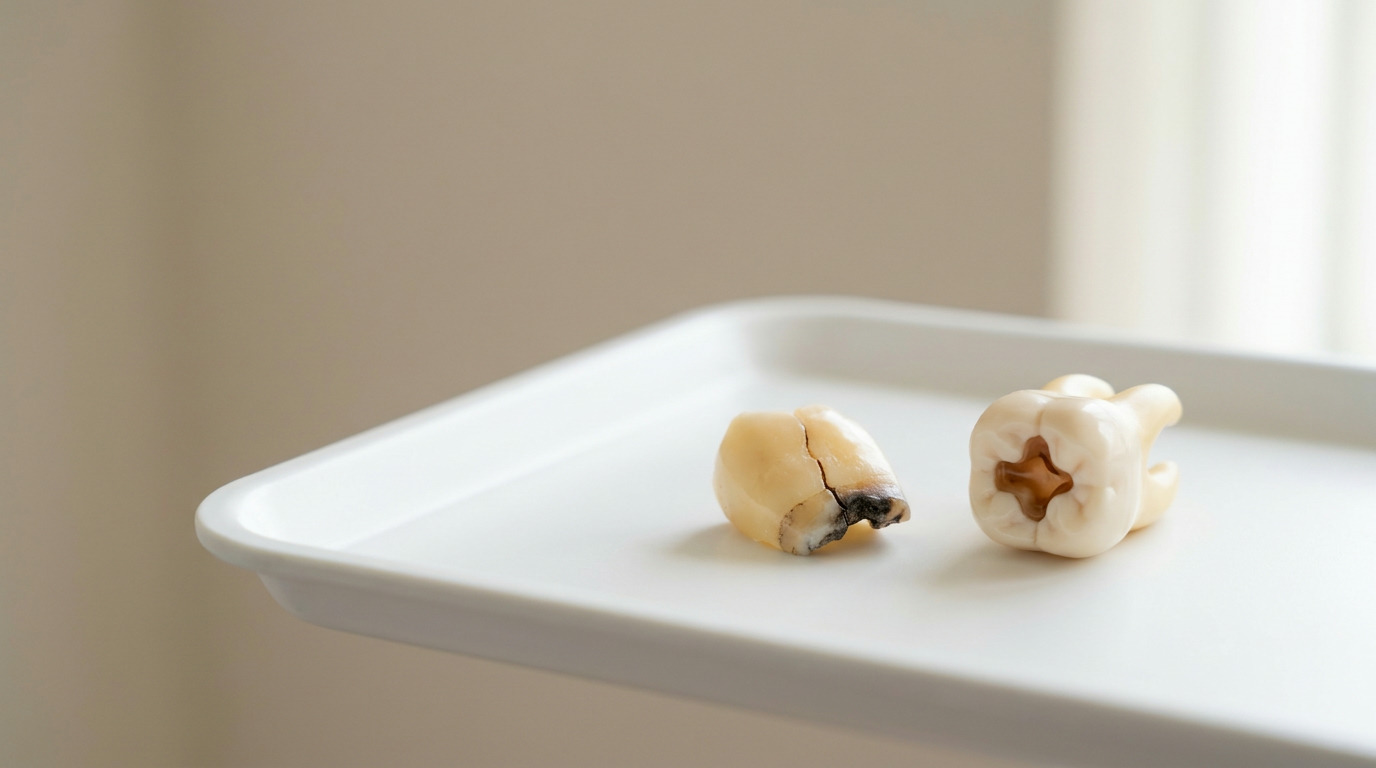 Two dental models, one a cracked tooth with decay and the other a molar with a cavity, rest on a white tray with a softly lit, out-of-focus background.