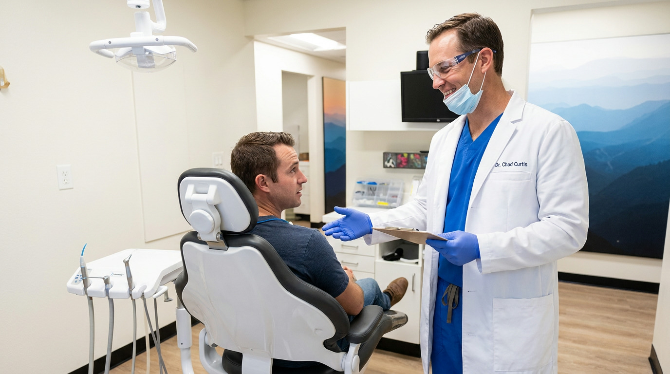 Dr. Chad Curtis, wearing a white lab coat, blue scrubs, safety glasses, and a face mask, smiles while speaking to a man seated in a modern dental chair. Dr. Curtis holds a clipboard and gestures with his gloved hand.