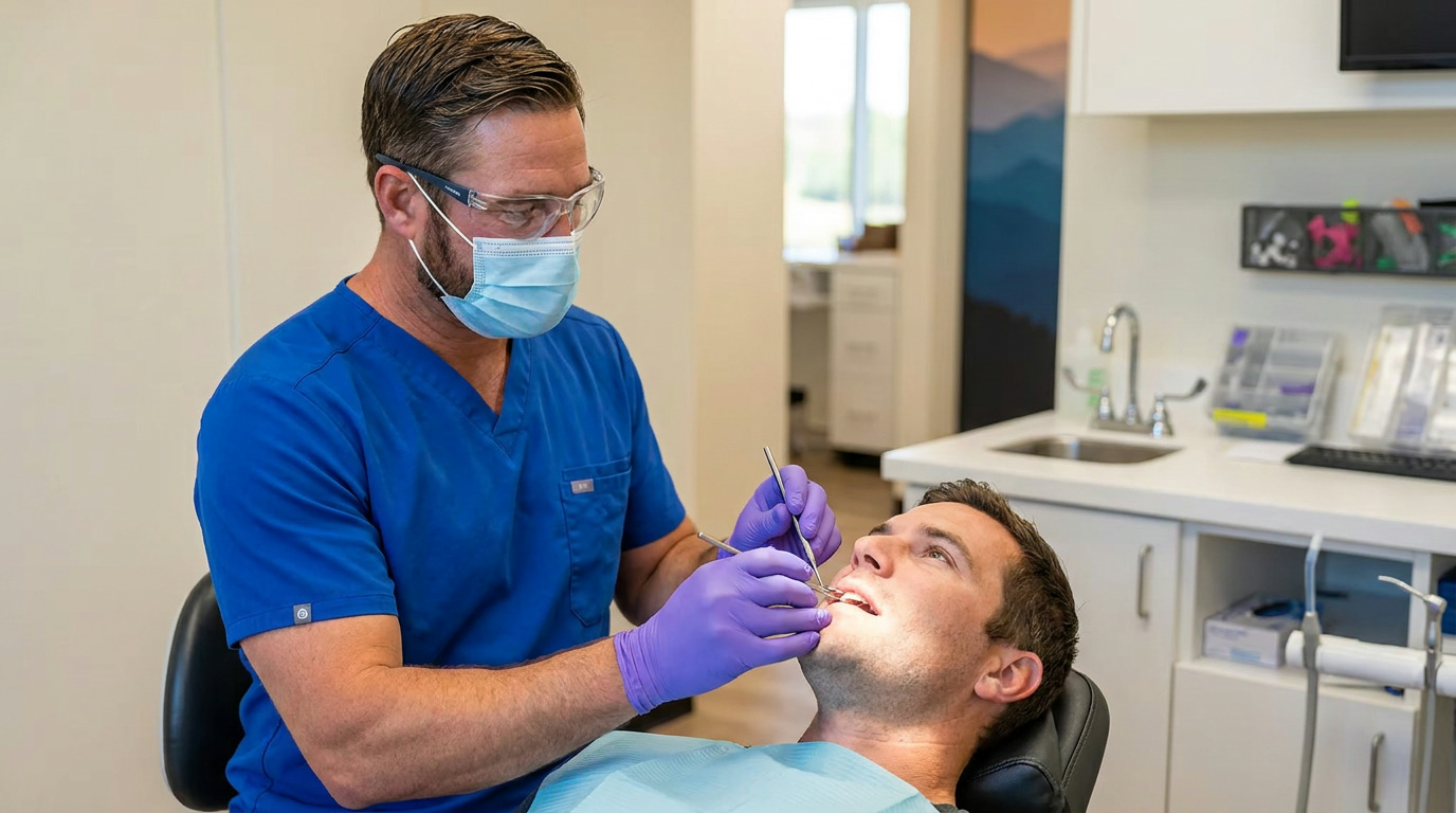 Dr. Chad Curtis, wearing blue scrubs, safety glasses, a mask, and purple gloves, examines Daniel's mouth with a dental mirror and probe as Daniel reclines in a dental chair with a light blue bib.