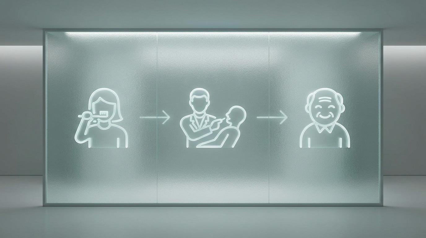 Three neon outline icons on a frosted glass panel show a person brushing teeth, a dentist examining a patient, and a smiling older person, with arrows indicating progression.