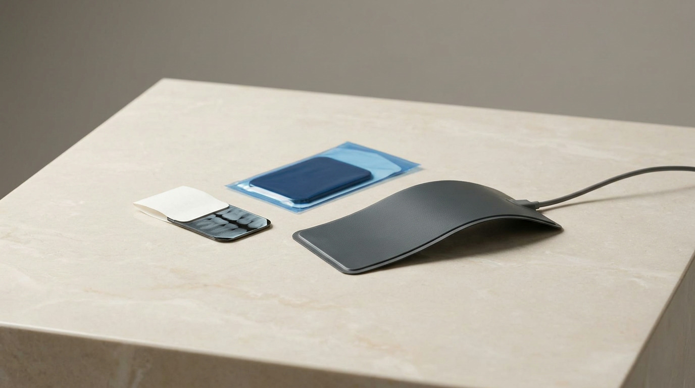 Three dental imaging devices, including a small black and white film, a blue packaged sensor, and a gray curved sensor with a cord, rest on a light-colored surface.