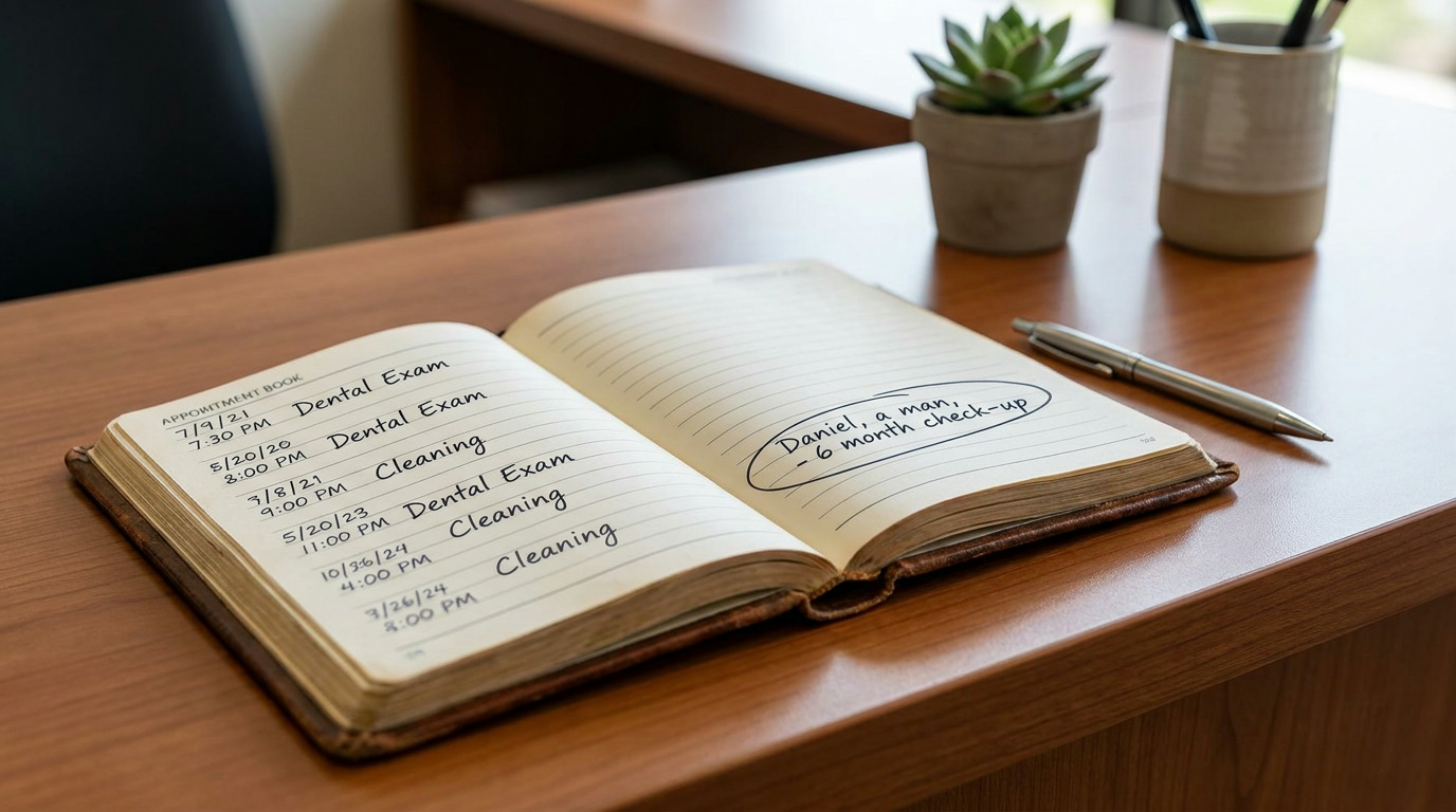 An open appointment book with handwritten dental appointments, a silver pen, a small succulent plant, and a pen holder sit on a wooden desk.