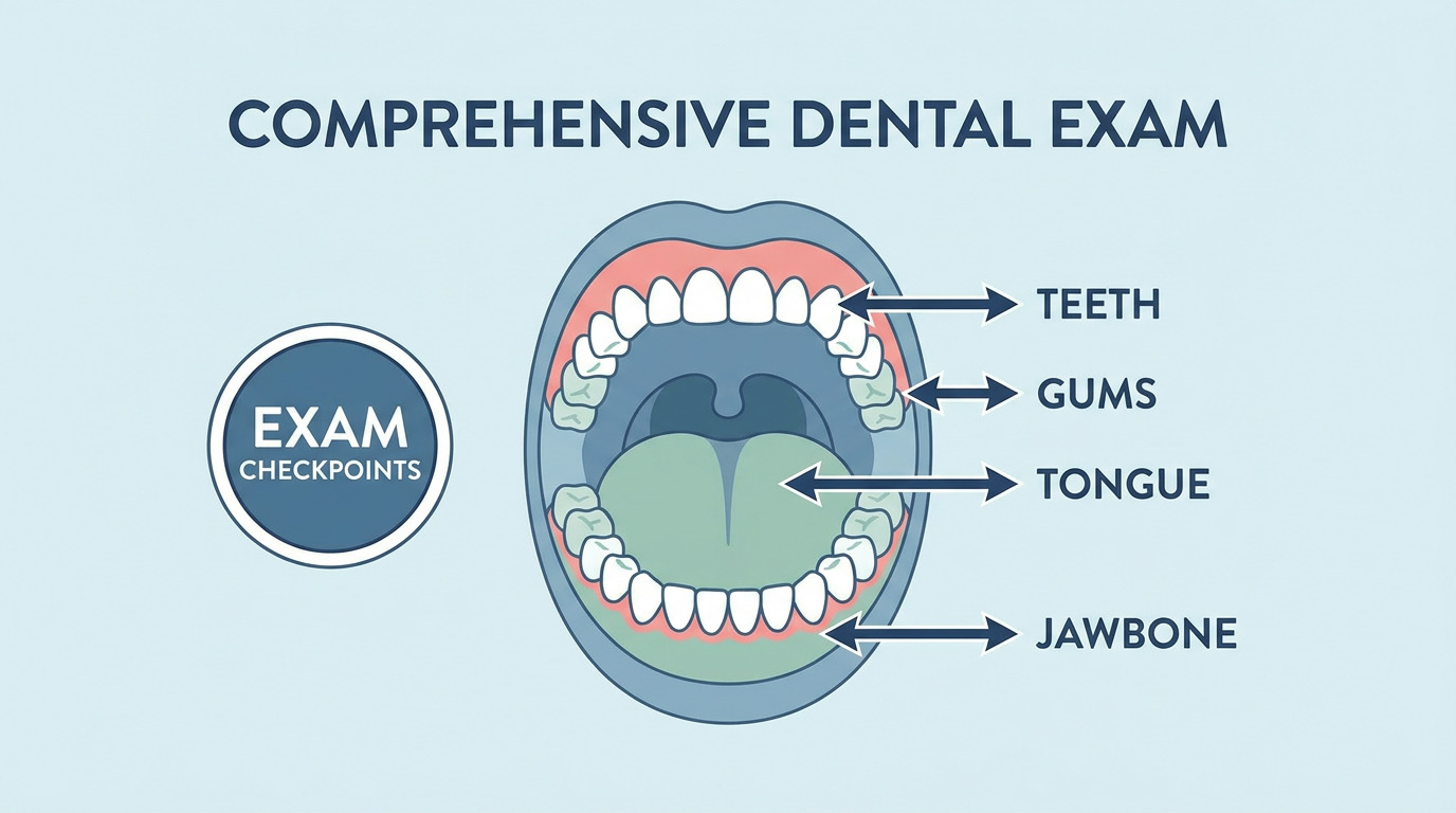 A diagram of an open mouth shows the teeth, gums, tongue, and jawbone, each labeled with an arrow, under the title "COMPREHENSIVE DENTAL EXAM" with an "EXAM CHECKPOINTS" icon.