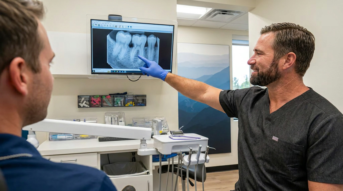 Dr. Chad Curtis, wearing dark scrubs and a blue glove, points to a dental X-ray showing molars on a monitor while a patient in a blue shirt sits facing the screen in a dental office.