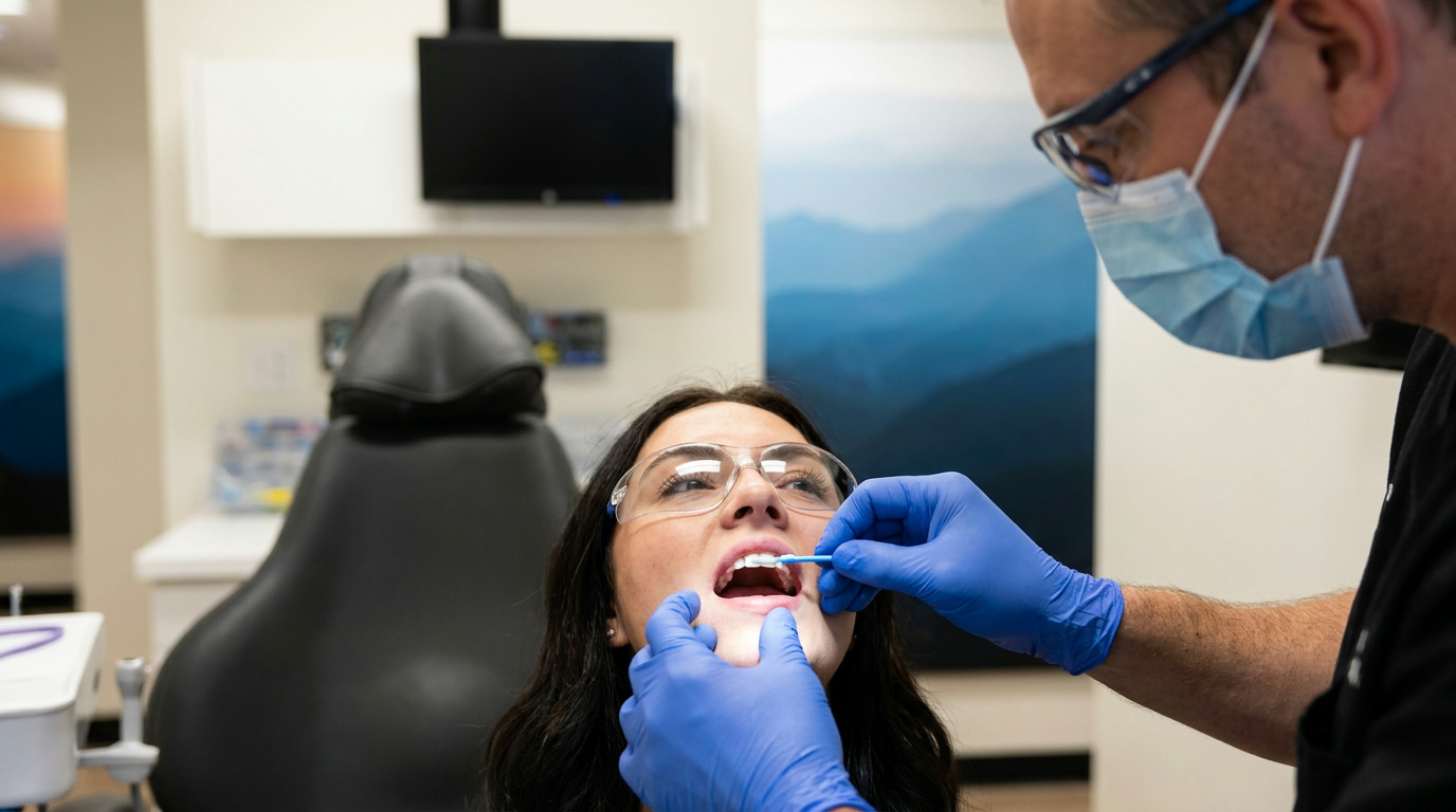 Dr. Chad Curtis, wearing glasses, a mask, and blue gloves, applies fluoride varnish to patient Hannah's teeth with a small brush in a dental treatment room.