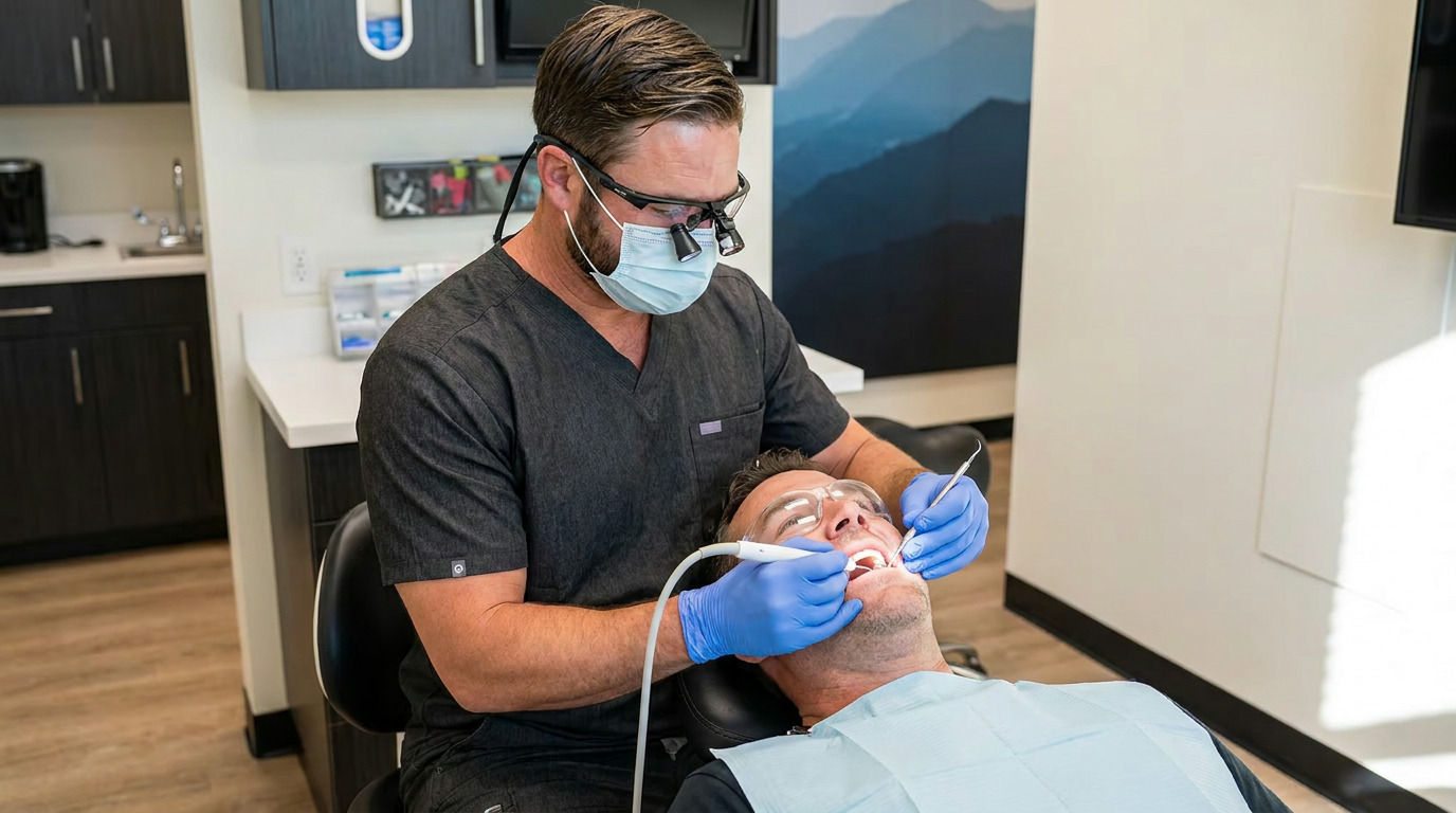 Dr. Chad Curtis, wearing a mask, loupes, and blue gloves, uses a dental tool on a patient wearing safety glasses and a bib, in a modern dental operatory.