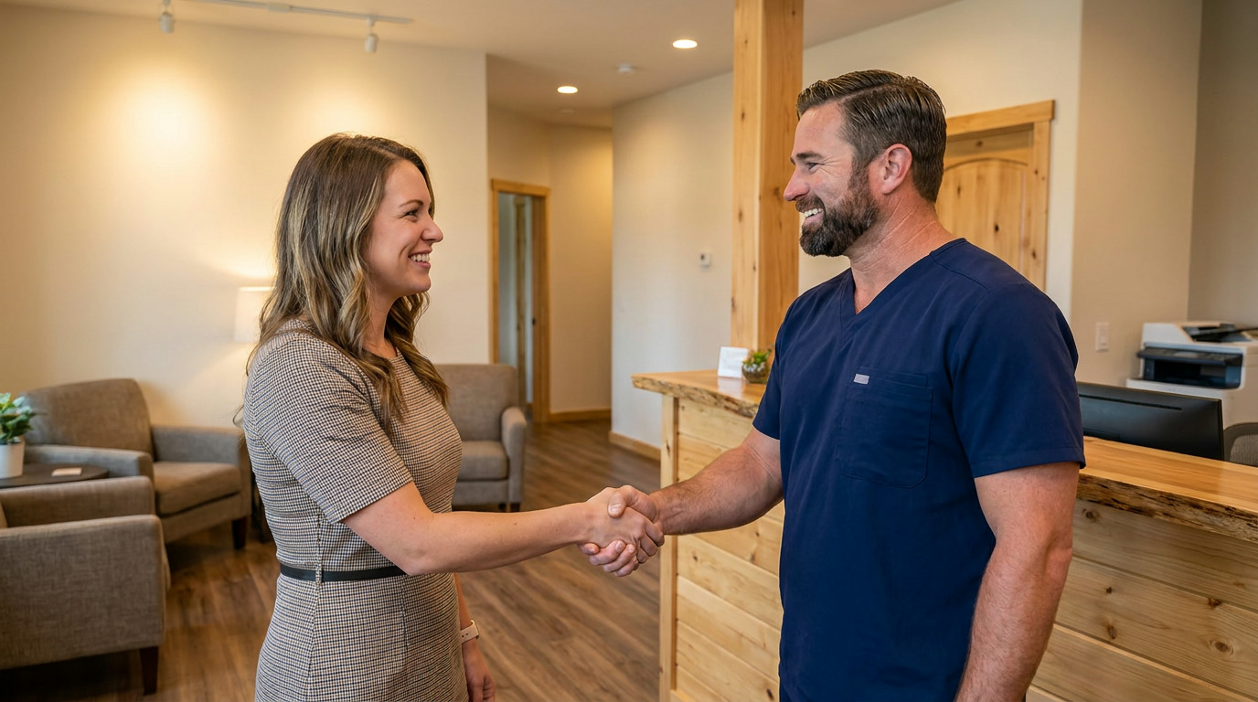 Brittany, wearing a plaid dress, smiles while shaking hands with Dr. Chad Curtis, who wears a navy scrub top, in a reception area with wooden accents.