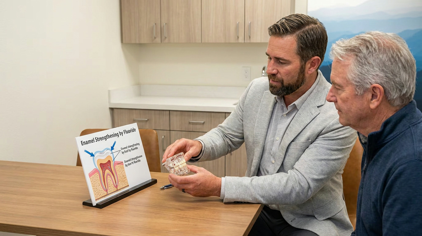 Dr. Chad Curtis, in a light gray sport coat, holds a clear dental model while sitting at a wooden desk with a patient, Eric, next to a visual aid about enamel strengthening in a consultation room.