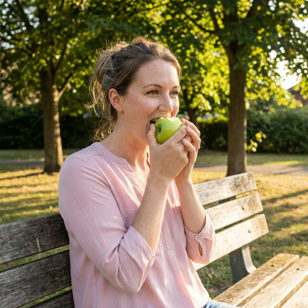 Paige sits on a wooden park bench in a pink blouse, holding a green apple to her mouth and taking a bite, with trees and sunlight in the background.