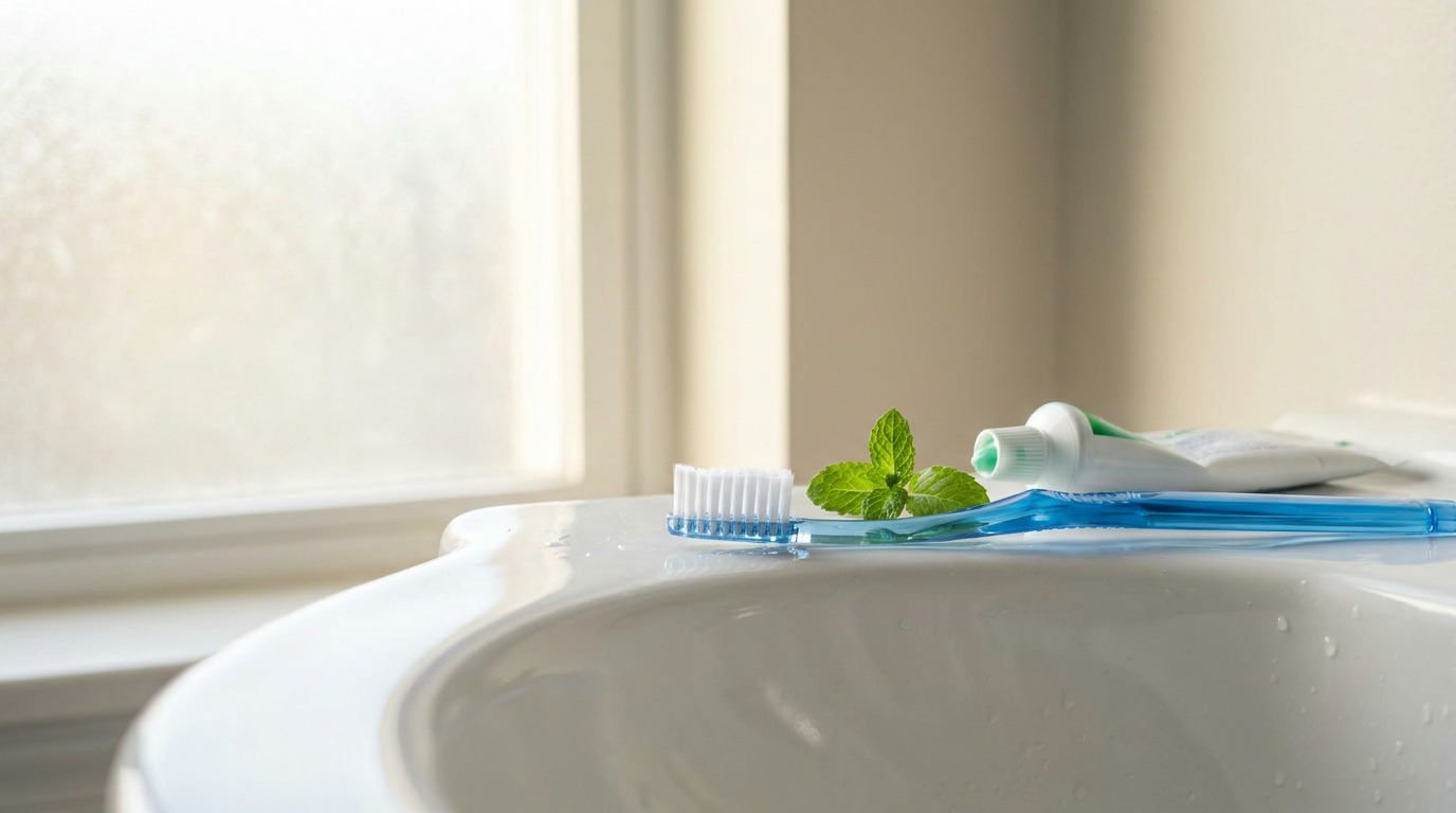 A blue toothbrush with white bristles, a sprig of mint leaves, and a tube of toothpaste rest on the edge of a white ceramic sink, with a window in the background.