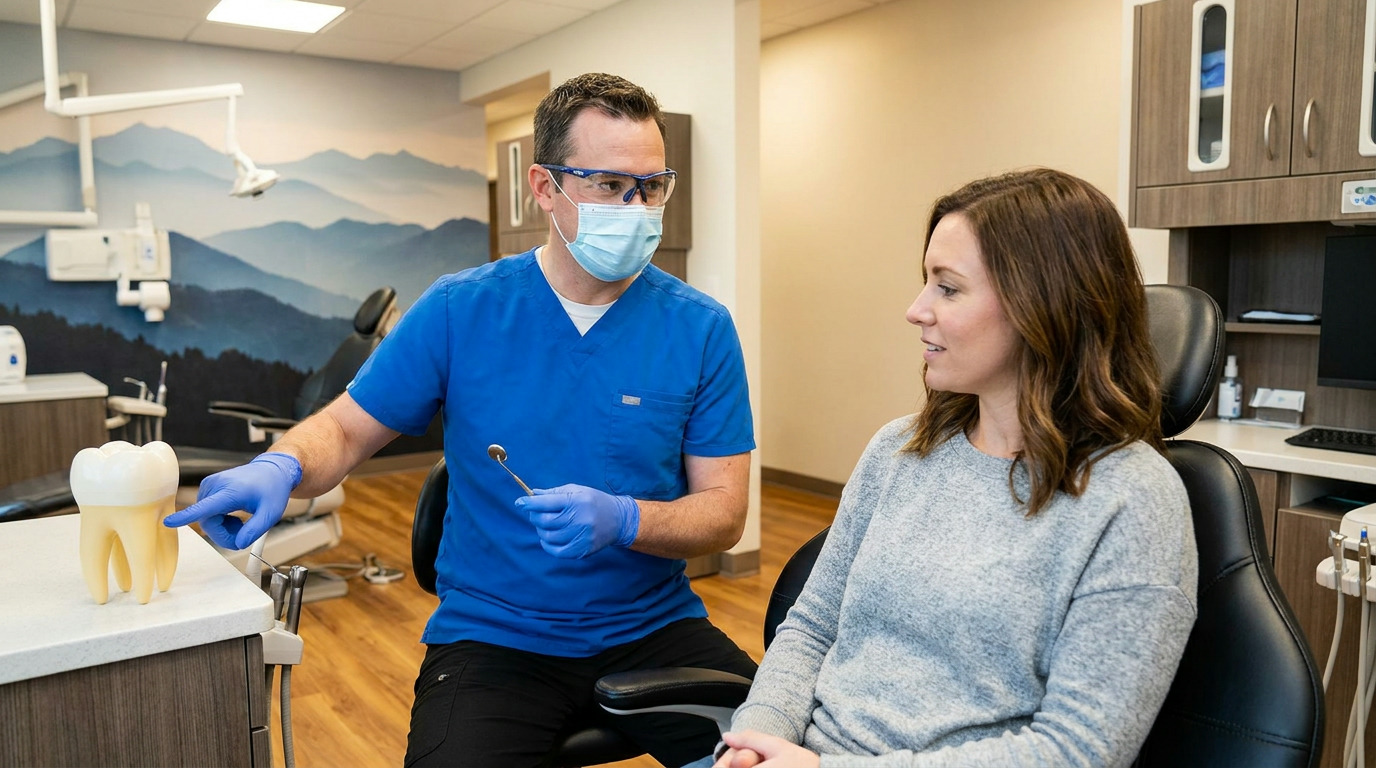 Dr. Chad Curtis, wearing blue scrubs, a mask, and safety glasses, holds a dental mirror and points to a large tooth model while speaking to Paige, who sits in a dental chair in a modern operatory with a mountain mural.
