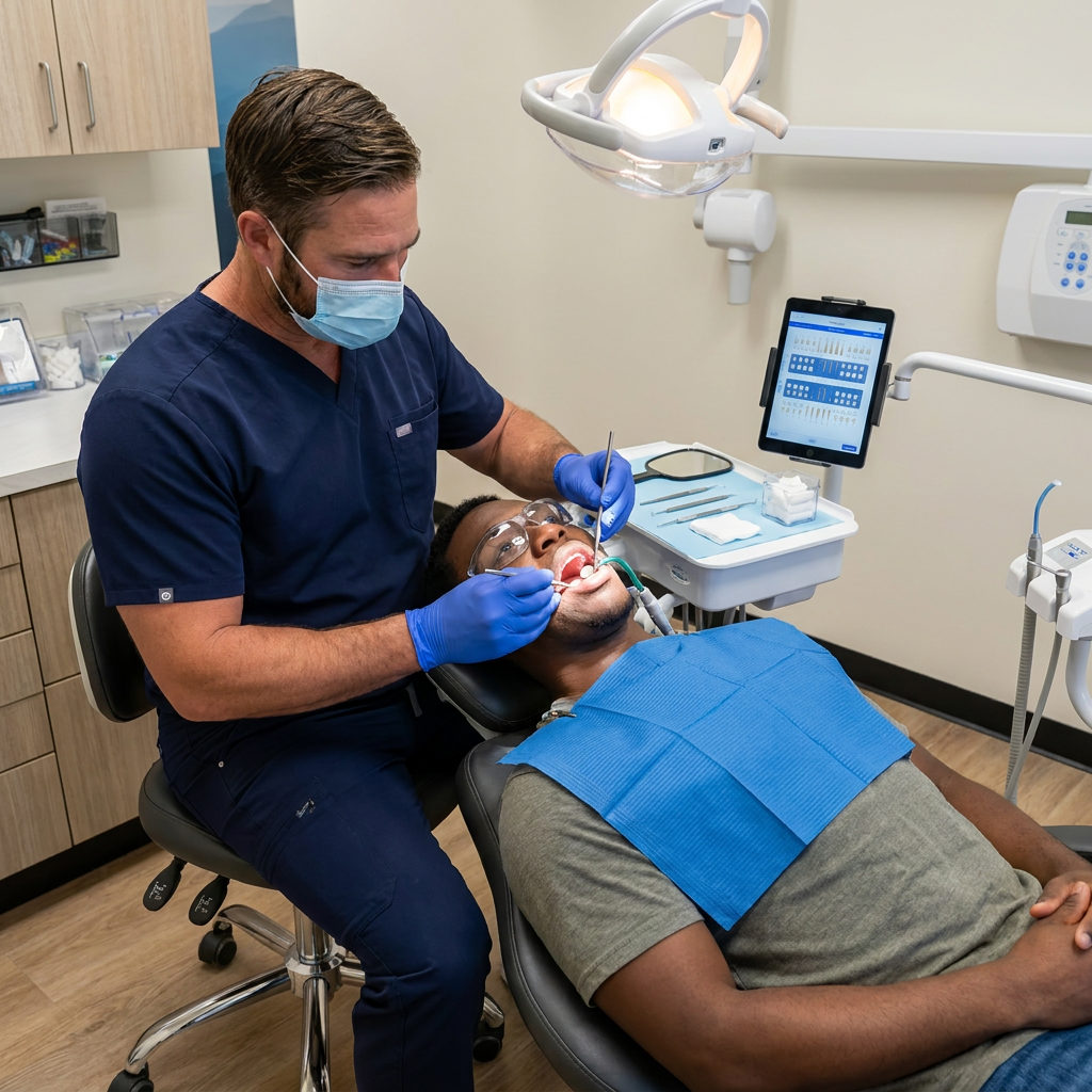 Dr. Curtis at Muldoon Dental Arts in Anchorage performs a routine oral exam on a patient using a mirror and explorer tool.